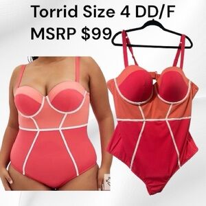 Torrid Coral Pink Color Block One Piece Bathing Suit Size 4 DD/F